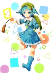 Rule 34 | 1girl, backpack, bad id, bad pixiv id, bag, blue eyes, blue hair, blush, boots, female focus, hair bobbles, hair ornament, hat, highres, kawashiro nitori, key, matching hair/eyes, migihidari (puwako), short hair, skirt, sleeves rolled up, smile, solo, touhou, triangle, twintails, two side up