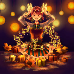 Rule 34 | 1girl, :d, absurdres, barefoot, blush, bow, box, braid, braided hair rings, brown eyes, brown hair, earrings, gift, green bow, hair ornament, hair rings, hands up, highres, huge filesize, jewelry, lantern, looking at viewer, open box, open mouth, orange skirt, original, reindeer, sitting, skirt, smile, star (symbol), star hair ornament, striped clothes, striped skirt, yuzor a rancia