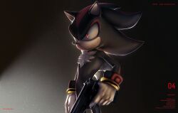 Rule 34 | 1boy, artist name, bad deviantart id, bad id, black background, cowboy shot, dated, furry, furry male, gloves, gradient background, gun, highres, holding, holding gun, holding weapon, lady einnharder, male focus, red eyes, shadow the hedgehog, shadow the hedgehog (game), solo, sonic (series), weapon, white fur, white gloves