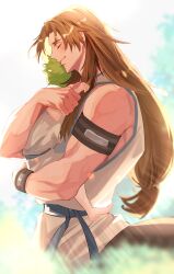 Rule 34 | 2boys, absurdres, achilles (fate), aged down, arm strap, blue sash, blurry, blush, brown hair, carrying, centaur, child, child carry, chiron (fate), closed eyes, depth of field, fate/grand order, fate (series), fatherly, from side, green hair, happy, haruakira, highres, hug, long hair, low-tied long hair, male focus, multiple boys, profile, sash, short hair, sleeveless, smile, taur, toned, toned male, tree, tunic, upper body, white tunic, wristband