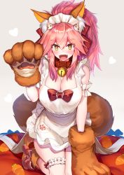 Rule 34 | 1girl, animal ear fluff, animal ears, animal hands, apron, bare shoulders, bell, blush, bow, breasts, cat hair ornament, cleavage, collar, fangs, fate/extra, fate/grand order, fate (series), fox ears, fox girl, fox tail, gloves, hair bow, hair ornament, highres, jingle bell, large breasts, long hair, looking at viewer, maid headdress, naked apron, neck bell, ninoude (ninoude44), open mouth, paw gloves, paw shoes, pink hair, ponytail, shoes, sidelocks, simple background, smile, solo, tail, tamamo (fate), tamamo cat (fate), tamamo cat (third ascension) (fate), thighs, yellow eyes