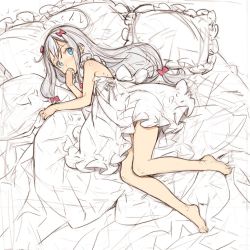 Rule 34 | 10s, 1girl, bare legs, barefoot, blue eyes, bow, dress, eromanga sensei, hair bow, hand to own mouth, izumi sagiri, long hair, looking at viewer, lying, on bed, on side, ooyari ashito, silver hair, sketch, solo, white dress