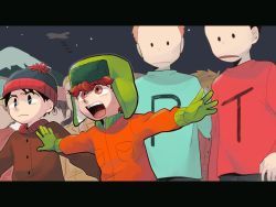 Rule 34 | 6+boys, beanie, black hair, blue eyes, blue shirt, brown eyes, brown hair, eric cartman, frown, gloves, green gloves, hat, highres, kyle broflovski, letterboxed, multiple boys, open mouth, orange hair, outstretched arms, phillip niles argyle, red shirt, shirt, south park, stan marsh, terrance henry stoot, tsunoji, winter clothes