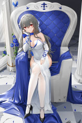 Rule 34 | 1girl, azur lane, blue flower, blue rose, breasts, bridal gauntlets, checkered floor, covered navel, crossed legs, dress, elbow rest, flower, full body, grey hair, high heels, highres, large breasts, mole, mole under eye, official alternate costume, qing wu, red eyes, rose, saint-louis (azur lane), saint-louis (holy knight&#039;s resplendence) (azur lane), side slit, sitting, solo, taut clothes, taut dress, thighhighs, throne, veil, white dress, white thighhighs