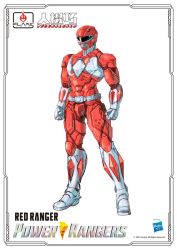 Rule 34 | 1boy, arms at sides, character name, clenched hands, copyright name, flame toys, helmet, logo, looking ahead, male focus, mighty morphin power rangers, official art, power rangers, red ranger, rocky desantos, saban entertainment, solo, tokusatsu, white background