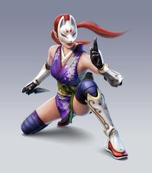 Rule 34 | 1girl, absurdres, fighting stance, fox mask, game cg, highres, holding, holding knife, holding weapon, japanese clothes, knife, kunai, kunimitsu (tekken), mask, namco, ninja, official art, red hair, red lips, scar, scar on face, solo, stand, tekken, tekken 2, tekken tag tournament, tekken tag tournament 2, twintails, weapon