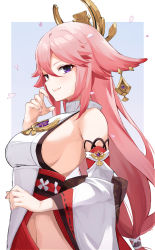 Rule 34 | 1girl, absurdres, animal ears, bare shoulders, border, breasts, commentary, detached sleeves, dress, earrings, fox ears, genshin impact, groin, hair between eyes, hair ornament, half-closed eyes, hand up, highres, hip vent, japanese clothes, jewelry, long hair, long sleeves, medium breasts, nail polish, no panties, parted lips, pink hair, pink nails, purple hair, revision, ribbon-trimmed sleeves, ribbon trim, sideboob, simple background, sleeveless, smile, solo, utacha, very long hair, white border, white dress, wide sleeves, yae miko
