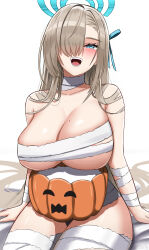 Rule 34 | 1girl, absurdres, asuna (blue archive), bandages, blue archive, blue eyes, blue halo, blue ribbon, blush, breasts, cleavage, cowboy shot, hair over one eye, hair ribbon, halloween, halloween bucket, halloween costume, halo, highres, large breasts, light brown hair, long hair, mole, mole on breast, mummy costume, naked bandage, open mouth, ribbon, s redbutterfly, simple background, smile, solo, white background