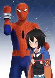 Rule 34 | 1boy, 1girl, absurdres, black hair, bodysuit, brown eyes, caibao return, closed mouth, hand up, height difference, highres, jacket, jacket on shoulders, light blush, looking at viewer, marvel, mask, medium hair, necktie, parted bangs, peni parker, shirt, spider-man, spider-man (series), spider-man (toei), superhero costume, sweat, sweater, yamashiro takuya