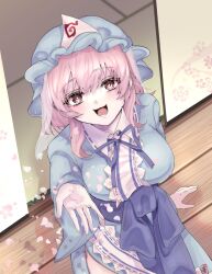 Rule 34 | 1girl, blue hat, blue kimono, blurry, blurry background, breasts, cherry blossoms, commentary request, ellen drawing, hat, highres, indoors, japanese clothes, kimono, large breasts, long sleeves, looking at viewer, medium hair, mob cap, pink eyes, pink hair, saigyouji yuyuko, sash, solo, touho, touhou, triangular headpiece