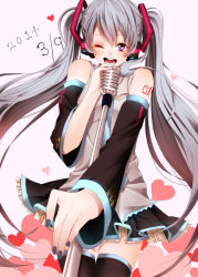 Rule 34 | 10s, 1girl, 39, 2014, bad id, bad pixiv id, blue hair, dated, detached sleeves, hatsune miku, heart, highres, long hair, maka, microphone, music, open mouth, purple eyes, singing, skirt, solo, thighhighs, twintails, vocaloid, wink, zettai ryouiki