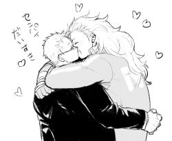 Rule 34 | 1boy, 1girl, ^ ^, closed eyes, clothes writing, couple, dorohedoro, earrings, formal, glasses, greyscale, happy, heart, hetero, highres, hug, jewelry, ki (mxxxx), kiss, long hair, long sleeves, monochrome, noi (dorohedoro), open mouth, shin (dorohedoro), short hair, simple background, suit, track suit, upper body