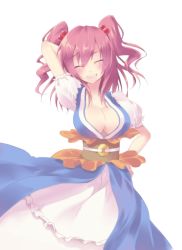 Rule 34 | 1girl, arm behind head, belt, blue dress, breasts, cleavage, cowboy shot, dress, closed eyes, grin, hair bobbles, hair ornament, hand on own hip, large breasts, obi, onozuka komachi, oota minoru, puffy short sleeves, puffy sleeves, red hair, sash, short sleeves, smile, solo, touhou, twintails, two side up, white background