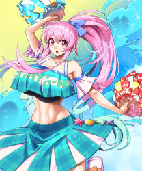 Rule 34 | 1girl, abs, alternate costume, aqua skirt, aqua tank top, blue ribbon, bow, breasts, cheerleader, chestnut mouth, circle, clothes writing, cross, detached sleeves, footwear bow, hair ribbon, hata no kokoro, highres, holding, holding pom poms, large breasts, leg up, long hair, looking at viewer, midriff, multicolored background, navel, pink hair, pom pom (cheerleading), pom poms, ponytail, red eyes, ribbon, sidelocks, signature, skirt, solo, standing, standing on one leg, star (symbol), touhou, triangle, umigarasu (kitsune1963), white footwear