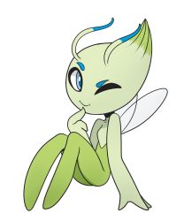Rule 34 | 1girl, antennae, arttmadness, blue eyes, breasts, celebi, collarbone, creatures (company), fairy, fairy wings, female focus, full body, game freak, gen 2 pokemon, hand up, highres, legendary pokemon, looking at viewer, mythical pokemon, nintendo, no humans, no nipples, one eye closed, pokemon, pokemon (creature), simple background, sitting, small breasts, smile, solo, white background, wings, wink