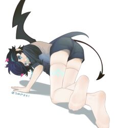 Rule 34 | 1boy, all fours, alternate costume, aqua eyes, aqua hair, ass, black tail, black wings, braided sidelock, commentary, crossdressing, crossed legs, demon tail, demon wings, feet, foot focus, foreshortening, from behind, full body, genshin impact, highres, legs, looking at viewer, looking back, male focus, multicolored hair, no shoes, shadow, short hair, short shorts, shorts, simple background, skindentation, soles, solo, streaked hair, swept bangs, symbol-only commentary, tail, tcsalmon, thighhighs, thighs, trap, twitter username, venti (genshin impact), white thighhighs, wings