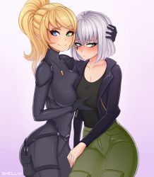 Rule 34 | 2girls, asymmetrical docking, black bodysuit, black gloves, black shirt, blonde hair, blue eyes, blush, bodysuit, breast press, breasts, closed mouth, commentary, commission, copyright request, cowboy shot, dog tags, embarrassed, english commentary, facial tattoo, gloves, green eyes, green pants, grey eyes, grey hair, groping, heterochromia, highres, jacket, large breasts, long hair, long sleeves, looking at viewer, multiple girls, open clothes, open jacket, pants, ponytail, purple jacket, shellvi, shirt, short hair, smile, tattoo, turtleneck, yuri