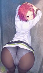 Rule 34 | 10s, 1girl, against wall, ass, black pantyhose, blush, from behind, frown, hair ornament, hairclip, headphones, highres, huge ass, kyoto animation, leaning, leaning forward, looking back, minase koito, musaigen no phantom world, panties, panties under pantyhose, pantyhose, red eyes, red hair, revision, school uniform, short hair, skirt, skirt flip, sleeves rolled up, solo, star (symbol), star hair ornament, suzume inui, thighband pantyhose, underwear