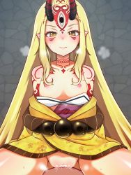 Rule 34 | 1girl, bad id, bad pixiv id, bar censor, beads, blonde hair, blush, breath, censored, cowgirl position, earrings, facial mark, fang, fate/grand order, fate (series), flat chest, girl on top, highres, horns, ibaraki douji (fate), japanese clothes, jewelry, kimono, long hair, looking at viewer, negationtenmaru, nipples, no panties, nose blush, obi, oni, oni horns, pointy ears, pussy, pussy juice, sash, sex, solo focus, straddling, tattoo, vaginal, very long hair, yellow eyes