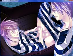 Rule 34 | 2boys, censored, clothes pull, jewelry, lucky dog, male focus, masturbation, multiple boys, necklace, outdoors, pants, pants pull, penis, prison, purple hair, shirt, sitting, striped clothes, striped shirt, watching, yaoi