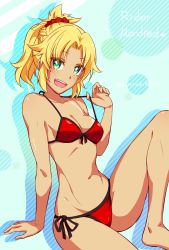 Rule 34 | 1girl, :d, bikini, bikini pull, blonde hair, breasts, character name, cleavage, clothes pull, fate/grand order, fate (series), front-tie bikini top, front-tie top, green eyes, hair ornament, hair scrunchie, harurukan, head tilt, highres, mordred (fate), mordred (fate) (all), mordred (fate/apocrypha), mordred (swimsuit rider) (fate), mordred (swimsuit rider) (first ascension) (fate), navel, open mouth, red bikini, scrunchie, short hair, short ponytail, side-tie bikini bottom, sitting, small breasts, smile, solo, spiked hair, swimsuit, tan, tanline
