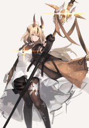 Rule 34 | 1girl, absurdres, ahoge, arknights, black bodysuit, blonde hair, blue eyes, bodysuit, breasts, dragon horns, dress, feet out of frame, glowing, grey background, highres, holding, holding staff, horns, long hair, looking at viewer, mari0ball, official alternate costume, pouch, reed (arknights), reed the flame shadow (arknights), simple background, small breasts, solo, staff, thigh gap, thigh pouch, thighs, very long hair, white dress