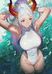 Rule 34 | 1girl, ahoge, alternate costume, alternate hair color, armpits, arms behind head, arms up, bare arms, bare shoulders, blue hair, breasts, closed mouth, competition swimsuit, covered navel, curled horns, from above, gradient hair, groin, hair lift, hair ornament, hair stick, hand in own hair, hands in hair, high ponytail, highleg, highleg swimsuit, highres, horns, large breasts, looking afar, multicolored hair, multicolored horns, one-piece swimsuit, one piece, oni, orange eyes, purple hair, red horns, salmon88, shiny clothes, smile, solo, standing, swimsuit, taut clothes, taut swimsuit, thigh gap, turtleneck, turtleneck one-piece swimsuit, wading, water, white hair, yamato (one piece), yellow horns