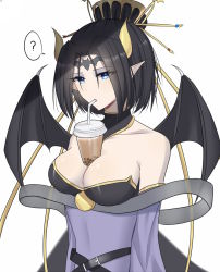 Rule 34 | 1girl, bare shoulders, bat wings, between breasts, black hair, blue eyes, breasts, bubble tea challenge, claws, cleavage, curvy, demon girl, digimon, eyeshadow, hair ornament, highres, horns, large breasts, lilithmon, lipstick, makeup, meme, off shoulder, pantyhose, seven great demon lords, solo, tail, wings