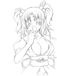 Rule 34 | 1girl, breasts, cleavage, female focus, greyscale, hair bobbles, hair ornament, large breasts, looking at viewer, monochrome, onozuka komachi, short hair, simple background, sketch, solo, touhou, twintails, two side up, underbust, white background