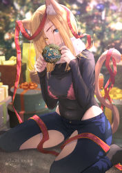 Rule 34 | 1girl, absurdres, animal ears, blonde hair, breasts, cat ears, cat tail, chaa art, christmas, christmas tree, clothing cutout, denim, gift, highres, hip vent, holding, indoors, jeans, large breasts, looking at viewer, medium hair, merry christmas, original, pants, ribbon, scarf, sitting, solo, sweater, tail, thigh cutout, thighs