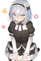 Rule 34 | 10s, 1girl, anger vein, black bow, black dress, black thighhighs, blue eyes, blush, bow, commentary request, dress, fingernails, garter straps, gothic lolita, hair between eyes, hair bow, hairband, highres, jonsun, layered sleeves, lolita fashion, long sleeves, looking at viewer, no shoes, nose blush, parted lips, puffy short sleeves, puffy sleeves, revision, ryuuou no oshigoto!, short over long sleeves, short sleeves, silver hair, sitting, sleeves past wrists, solo, sora ginko, squiggle, thighhighs, wariza, white background
