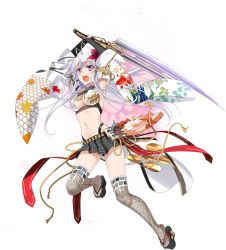 Rule 34 | &gt;:o, 1girl, :o, antenna hair, breasts, checkered clothes, checkered skirt, cleavage, flower, full body, hair flower, hair ornament, holding, holding polearm, holding spear, holding weapon, long hair, maeda kanazawa (oshiro project), medium breasts, midriff, murakami yuichi, navel, official art, open mouth, oshiro project:re, oshiro project:re, pleated skirt, polearm, purple hair, sideboob, skirt, solo, spear, thighhighs, transparent background, two side up, v-shaped eyebrows, very long hair, weapon, white hair