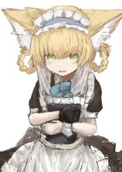 Rule 34 | 1girl, absurdres, alternate costume, animal ear fluff, animal ears, apron, arknights, black dress, black gloves, blonde hair, blue bow, blue hairband, bow, braid, braided hair rings, commentary request, dress, enmaided, fox ears, frilled apron, frilled hairband, frills, gloves, green eyes, hair between eyes, hair rings, hairband, highres, looking at viewer, maid, maid apron, open mouth, piennamekuzi, puffy short sleeves, puffy sleeves, short sleeves, simple background, single glove, solo, suzuran (arknights), twin braids, white apron, white background