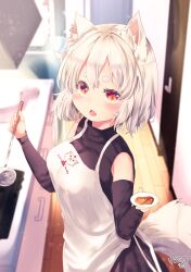 Rule 34 | 1girl, alternate costume, animal ear fluff, animal ears, apron, blurry, blurry background, detached sleeves, door, fang, highres, holding, holding ladle, holding plate, indoors, inubashiri momiji, kemo chiharu, kitchen, ladle, looking at viewer, miso soup, open mouth, plate, short hair, signature, solo, tail, touhou, white apron, white hair, wolf ears, wolf girl, wolf tail