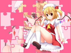 Rule 34 | 1girl, ascot, blonde hair, collarbone, crystal, flandre scarlet, frills, hair ribbon, hat, highres, jigsaw puzzle, mary janes, mashiro yuki, panties, puzzle, red eyes, ribbon, shoes, short hair, short sleeves, smile, solo, striped clothes, striped panties, touhou, underwear, vampire, wings