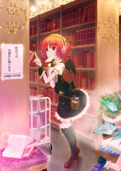 Rule 34 | 2girls, airplane arms, alternate hairstyle, black legwear, book, bookshelf, cart, chandelier, cirno, dress shirt, glowing, head wings, highres, ice, indoors, koakuma, kokono (sakaebaka), library, magic circle, maid headdress, mouth hold, multiple girls, outstretched arms, pointy ears, pouch, red eyes, red hair, running, shirt, skirt, skirt set, spread arms, embodiment of scarlet devil, thighhighs, touhou, translation request, vest, voile, wings, wrist cuffs, zettai ryouiki