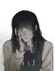 Rule 34 | 1girl, black hair, chainsaw man, chinese commentary, commentary request, cross scar, facial scar, fourth east high school uniform, hand in own hair, hand on own face, highres, ringed eyes, scar, scar across eye, scar on cheek, scar on face, school uniform, solo, upper body, yellow eyes, yoru (chainsaw man), yoshiki43445590