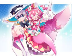 Rule 34 | 1boy, 1girl, back bow, black bow, black bowtie, black pepper (precure), blue eyes, boots, bow, bowtie, brooch, capelet, carrying, choker, closed eyes, closed mouth, commentary, cone hair bun, cure precious, delicious party precure, domino mask, double bun, dress, earrings, facing viewer, foreshortening, frilled hairband, frills, gloves, hair bow, hair bun, hairband, hat, heart, heart brooch, highres, jacket, jewelry, knee boots, kome-kome (precure), large bow, long hair, looking at viewer, magical girl, mask, nagomi yui, open mouth, pants, pink dress, pink hair, pointing, precure, princess carry, red bow, red choker, red hairband, shinada takumi, short dress, short hair, smile, standing, sun hat, two side up, usoco, white capelet, white footwear, white gloves, white hat, white jacket, white pants