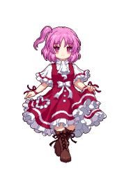 Rule 34 | 1girl, bow, bowtie, brown footwear, chinese commentary, closed mouth, commentary request, cross-laced clothes, dress, full body, looking at viewer, lowres, one side up, purple eyes, red dress, sara (touhou), short sleeves, simple background, smile, solo, touhou, touhou mystia&#039;s izakaya, white background, white bow, white bowtie, youzikk