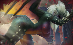 Rule 34 | 1girl, bent over, colored sclera, colored skin, dragon girl, dragon horns, dragon tail, dragon wings, from side, green skin, grey hair, horns, long hair, looking at viewer, monster hunter, monster hunter: world, monster hunter (series), nergigante, nipples, orange sclera, orange skin, purple skin, signature, slit pupils, solo, spikes, tail, themaestronoob, wings, yellow eyes