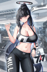 Rule 34 | 1girl, absurdres, alternate costume, bag, black hair, black nails, black sports bra, blue archive, bra, breasts, gym, hair ornament, hairclip, halo, highres, lancheu, large breasts, long hair, looking at viewer, multicolored bra, multicolored clothes, navel, pants, red eyes, rio (blue archive), shoulder bag, skindentation, solo, sports bra, stomach, track pants, underwear, very long hair