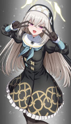 Rule 34 | 1girl, absurdres, black dress, black gloves, black pantyhose, blue archive, blue neckerchief, breasts, coif, double v, dress, gloves, grey background, grey hair, hair between eyes, halo, hands up, highres, juliet sleeves, long hair, long sleeves, looking at viewer, medium breasts, neckerchief, open mouth, pantyhose, puffy sleeves, purple eyes, sakurako (blue archive), smile, solo, v, yakob labo