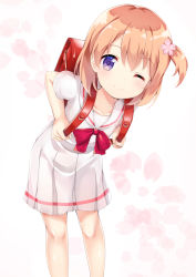 Rule 34 | 1girl, ;), backpack, bag, blush, bow, closed mouth, collarbone, commentary request, flower, gochuumon wa usagi desu ka?, hair between eyes, hair flower, hair ornament, highres, holding, hoto cocoa, leaning forward, light brown hair, looking at viewer, one eye closed, one side up, pink flower, pleated skirt, purple eyes, randoseru, red bow, school uniform, serafuku, shirt, short sleeves, skirt, smile, solo, standing, toketou, white background, white shirt, white skirt