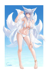 Rule 34 | 1girl, absurdres, animal ear fluff, animal ears, anklet, arm up, armpits, azur lane, bare shoulders, barefoot, between breasts, bikini, blue eyes, breasts, choker, cleavage, contrapposto, fox ears, fox girl, fox tail, frilled bikini, frills, front-tie bikini top, front-tie top, full body, hand on own knee, highres, jewelry, kitsune, kyuubi, large breasts, long hair, looking at viewer, multiple tails, navel, off shoulder, official alternate costume, open clothes, open shirt, parted lips, see-through, shinano (azur lane), shinano (dreamy white sands) (azur lane), shirt, skindentation, solo, standing, stardust (chen&#039;ai weiding), stomach, string bikini, swimsuit, tail, thighs, very long hair, wet, white bikini, white choker, white hair, white shirt