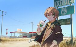 Rule 34 | 1boy, brown hair, brown jacket, cactus, character request, commission, copyright request, cup, day, disposable cup, drinking straw, gas station, green eyes, green hair, highres, holding, holding cup, jacket, jl tan, looking at viewer, male focus, multicolored hair, outdoors, pixiv commission, power lines, route 66, sign, solo, streaked hair, upper body, utility pole, virtual youtuber