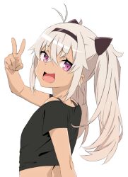 1girl akitetsu crop_top dark-skinned_female dark_skin flat_chest from_behind grey_hair long_hair looking_at_viewer looking_back matsukai_mao nijisanji open_mouth purple_eyes smile solo transparent_background twintails v virtual_youtuber