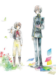 Rule 34 | 00s, 2boys, aircraft, airplane, artist request, black hair, child, code geass, crane, dual persona, flower, flying paper, lelouch vi britannia, male focus, multiple boys, non-web source, origami, overalls, paper, paper crane, purple eyes, school uniform, source request, toy, aged down