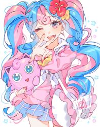 Rule 34 | 1girl, bag, blue eyes, blue hair, blue skirt, blush, commentary, cowboy shot, creatures (company), curly hair, earrings, fairy miku (project voltage), flower, frilled bag, game freak, gen 1 pokemon, gyaru, hair flower, hair ornament, hatsune miku, highres, jewelry, jigglypuff, long hair, long sleeves, looking at viewer, multicolored hair, nail polish, neckerchief, nintendo, one eye closed, open mouth, pink eyes, pink hair, pink nails, pink sweater, pleated skirt, pokemon, pong (pong o0), project voltage, scrunchie, shoulder bag, skirt, solo, sweater, symbol-only commentary, teeth, triangle mouth, twintails, two-tone eyes, two-tone hair, upper teeth only, v, vocaloid, white background, white bag, white neckerchief, wrist scrunchie, yellow scrunchie