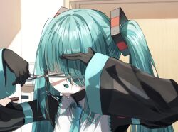 Rule 34 | 1girl, arm up, black sleeves, blue hair, blue necktie, blue tongue, collared shirt, colored tongue, commentary request, cutting hair, detached sleeves, facing viewer, hair over eyes, hand up, hatsune miku, headset, holding, holding scissors, indoors, long hair, long sleeves, mekakure miku (homma nuruneko), necktie, open mouth, pentagon (railgun ky1206), puffy long sleeves, puffy sleeves, scissors, shirt, sleeves past wrists, solo, twintails, upper body, very long hair, vocaloid, white shirt, wide sleeves