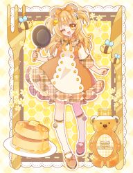 Rule 34 | 1girl, :3, absurdres, animal ears, bear ears, bee, bee hair ornament, blonde hair, bow, bug, collared dress, dress, fake animal ears, flower, food, footwear bow, fork, frying pan, full body, hair bow, hair ornament, highres, hiyoko miya, holding, holding frying pan, honey, honeycomb (pattern), honeycomb background, insect, knife, long hair, multicolored nails, nail polish, neck ribbon, one eye closed, open mouth, orange eyes, original, pancake, pancake stack, plaid, plaid collar, plate, ribbon, smile, socks, solo, syrup, two side up